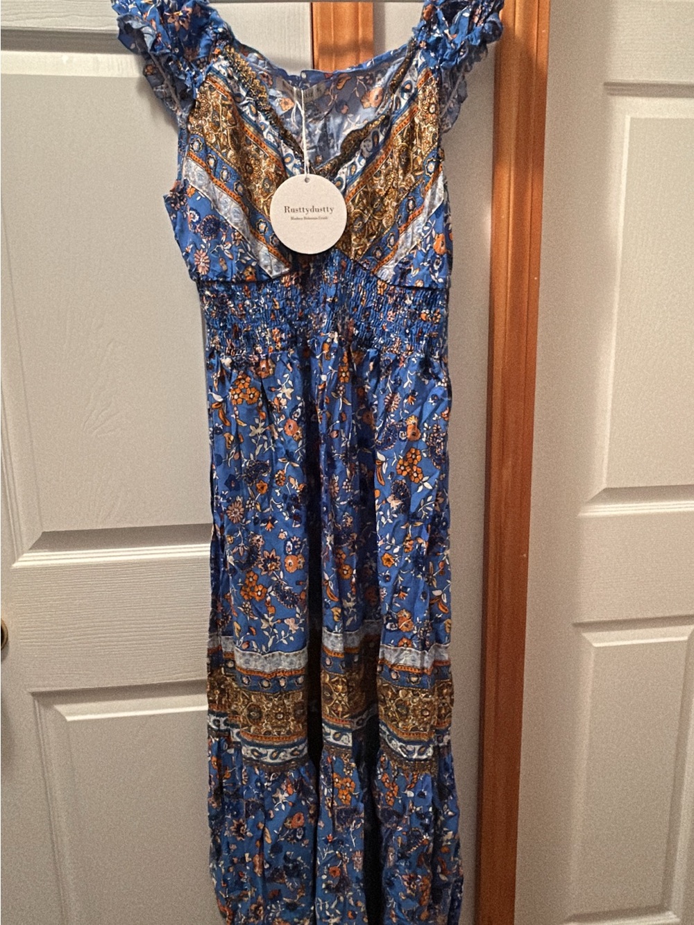 Rusty Blue Floral Maxi Dress with Brown Accents